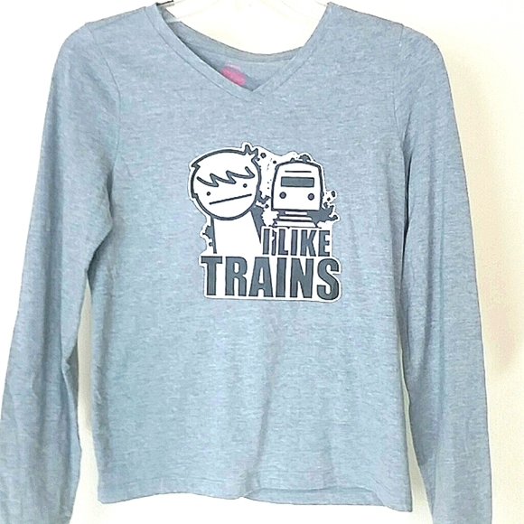 T-shirt top graphic stretch long sleeve Trains Relaxed Fit Hobby Collector - Picture 1 of 2